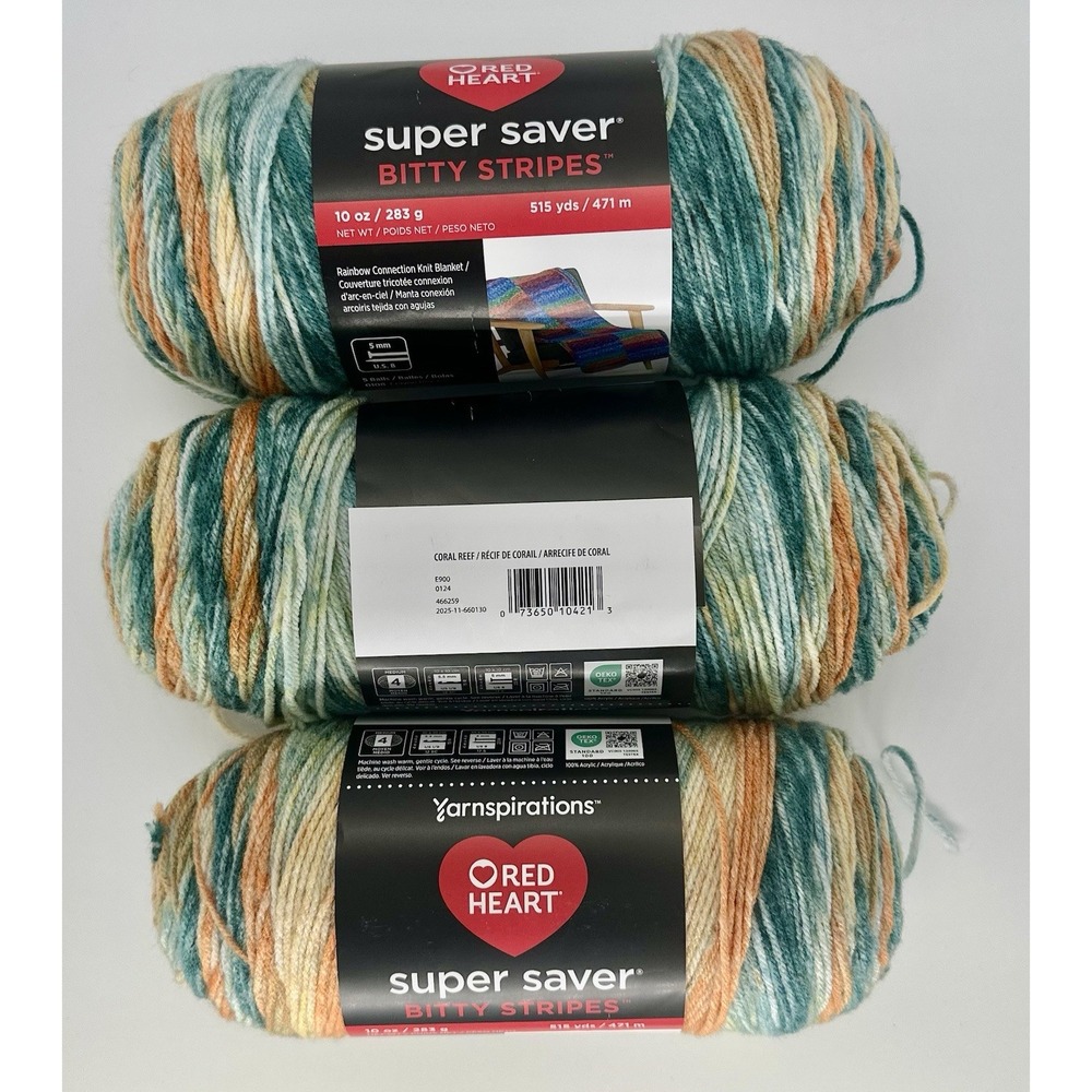 Red Heart Super Saver Bitty Stripes Yarn Coral Reef Lot of 3 Skeins 10oz NEW